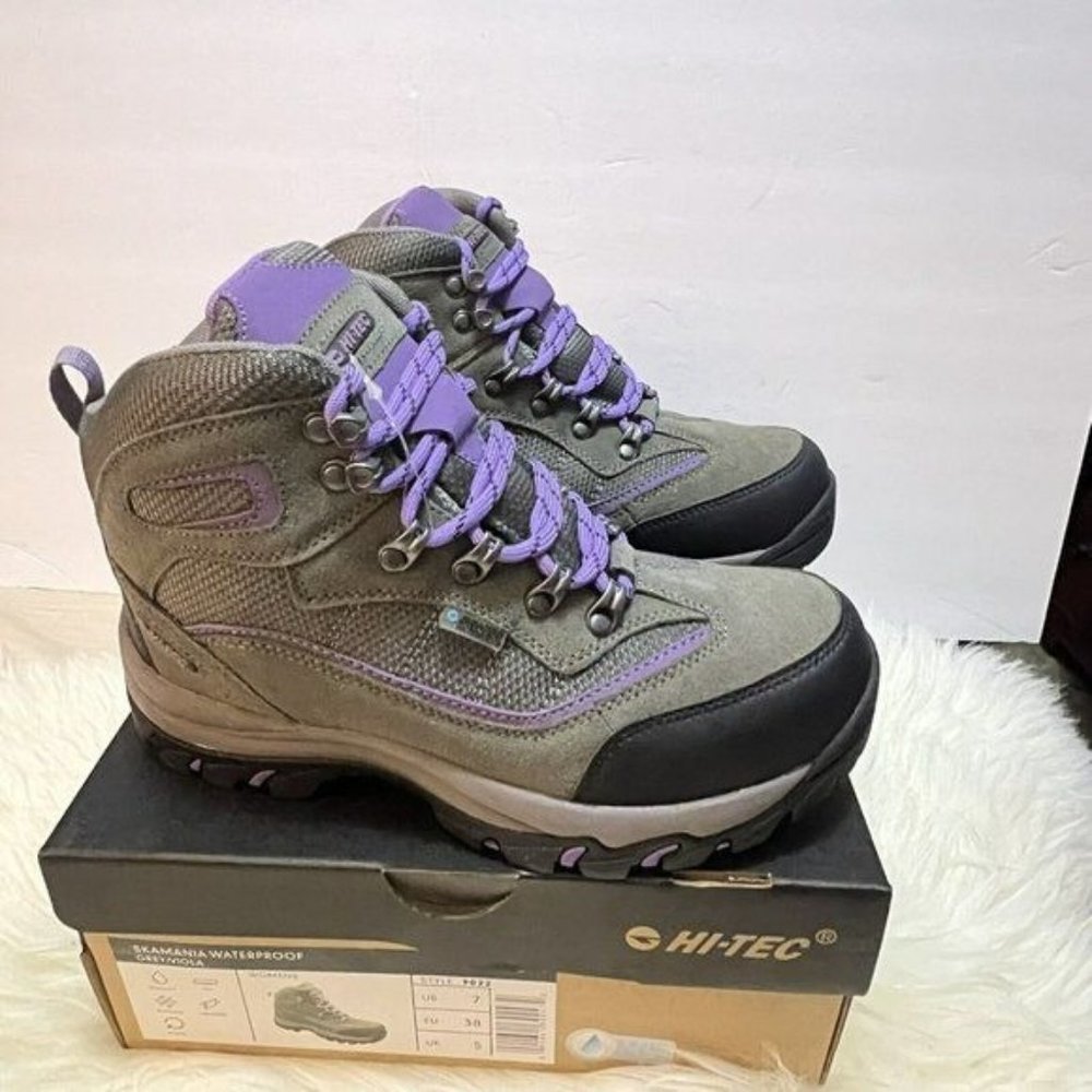 Hi Tec Purple Gray Leather Mid Lace Up Waterproof Hiking Boots Womens Size 11